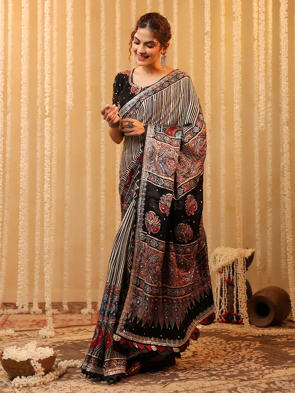 Beige printed cotton silk saree with resham work