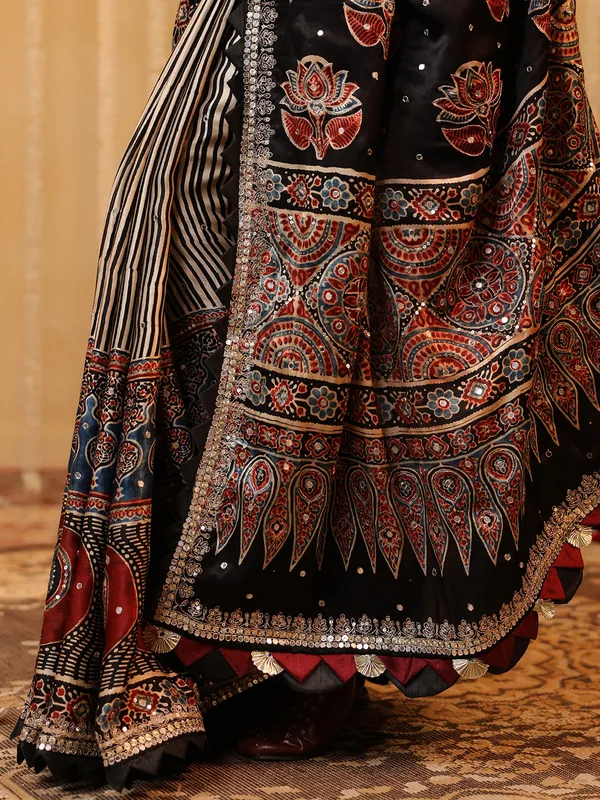 Beige printed cotton silk saree with resham work