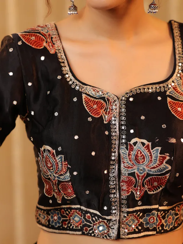 Beige printed cotton silk saree with resham work