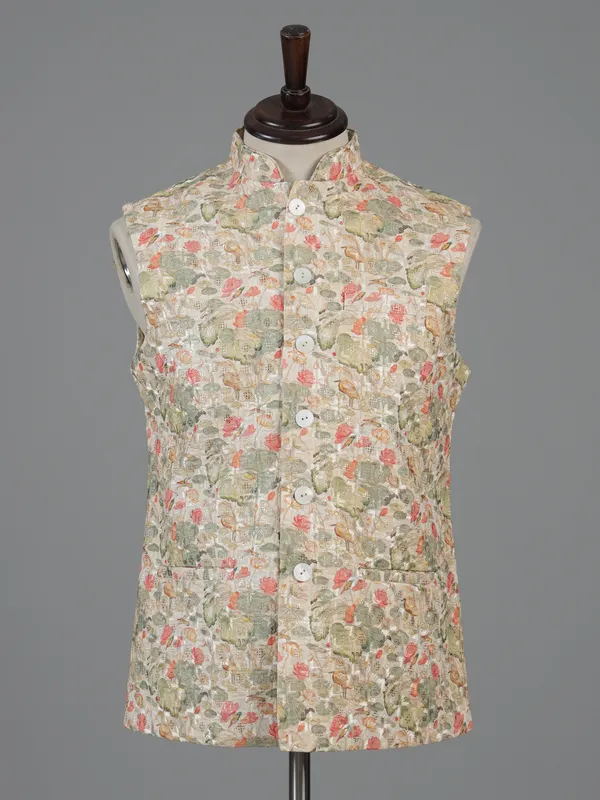 Beige printed cotton silk waistcoat for men