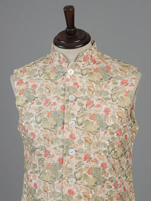 Beige printed cotton silk waistcoat for men