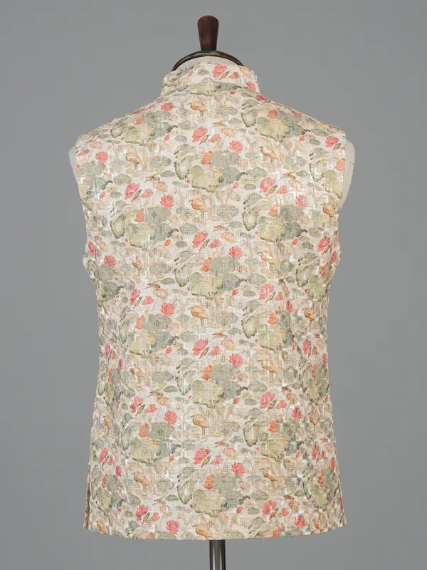 Beige printed cotton silk waistcoat for men