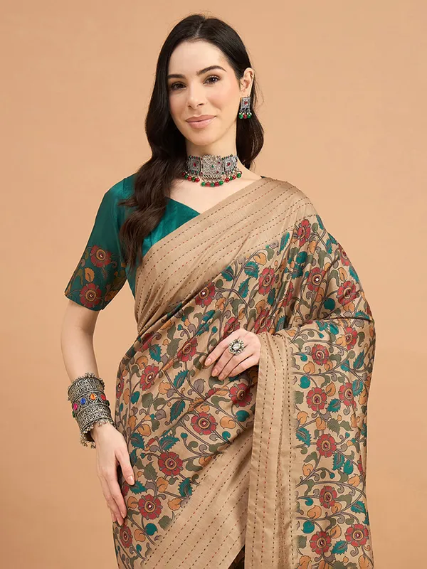 Beige printed cozi silk saree