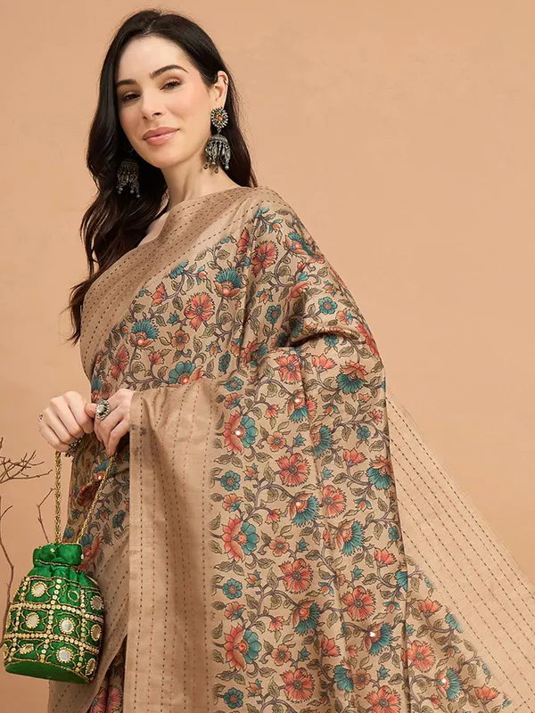 Beige printed cozi silk saree for aesthetic beauty