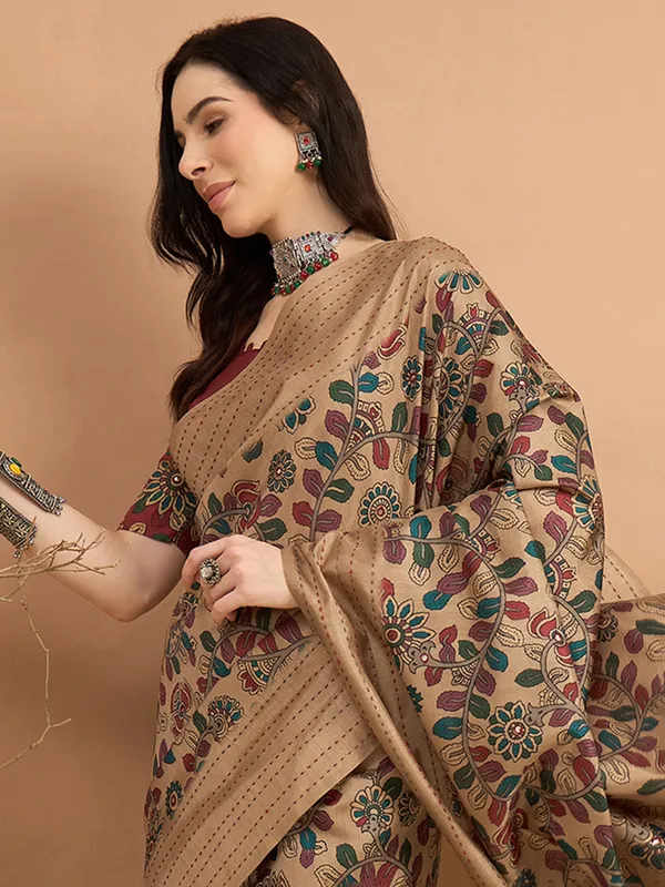 Beige printed cozi silk saree for wedding