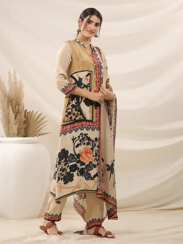 Beige printed crepe kurti set