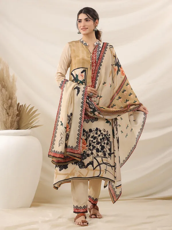 Beige printed crepe kurti set