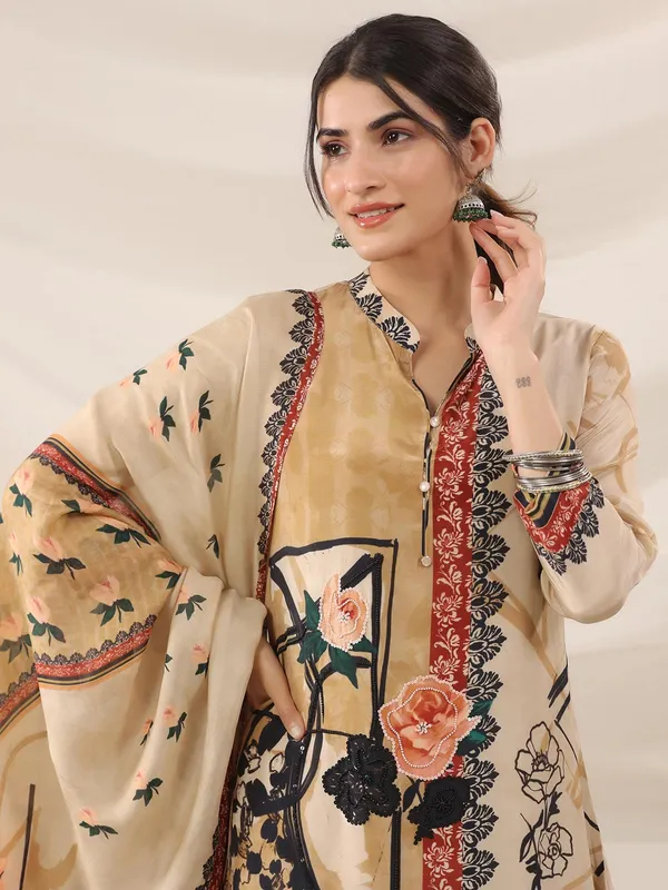 Beige printed crepe kurti set