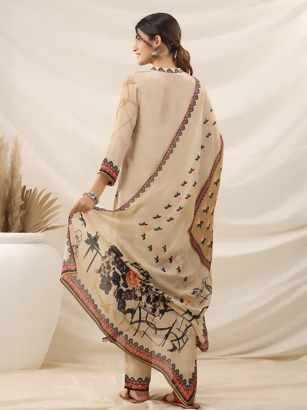 Beige printed crepe kurti set