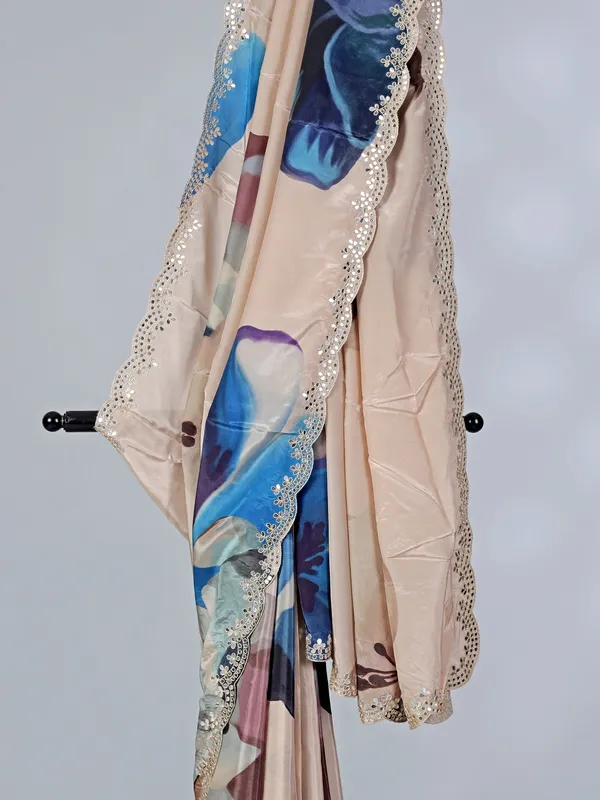Beige printed crepe silk saree with mirror work