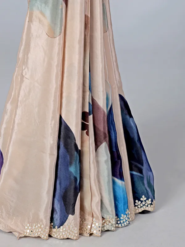 Beige printed crepe silk saree with mirror work