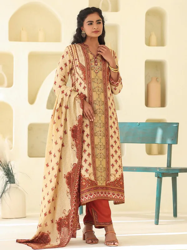 Beige printed dola silk kurti set