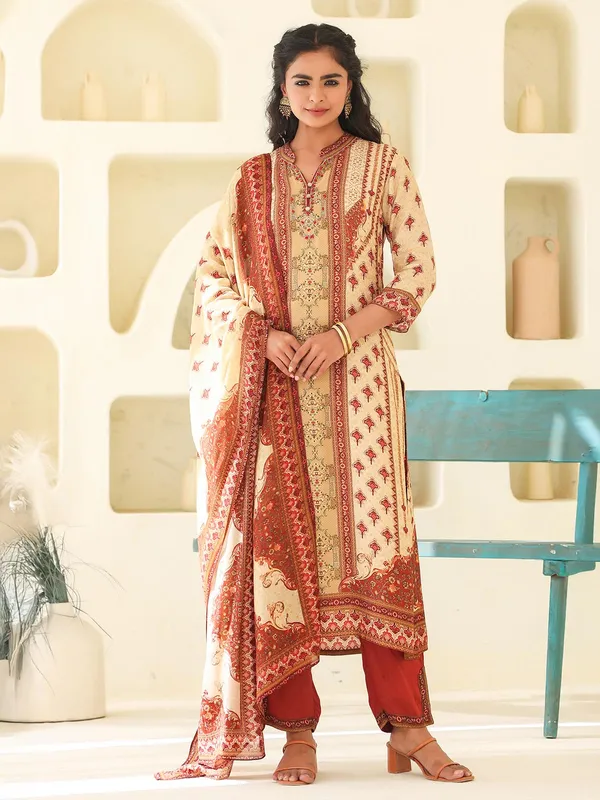 Beige printed dola silk kurti set