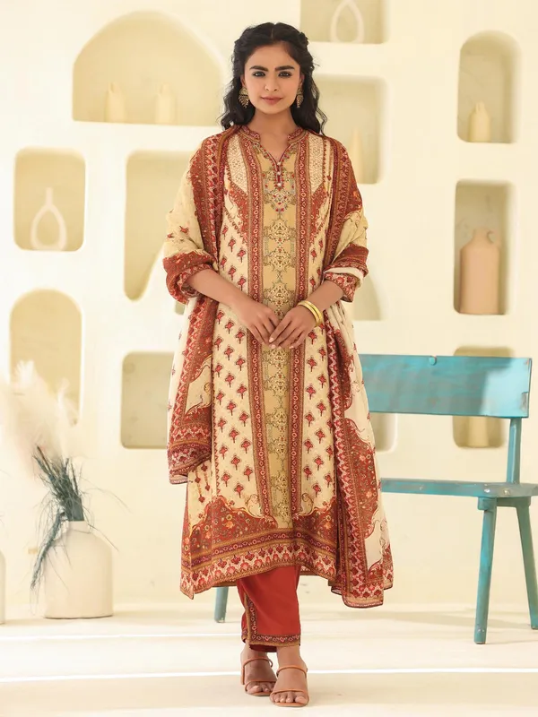 Beige printed dola silk kurti set