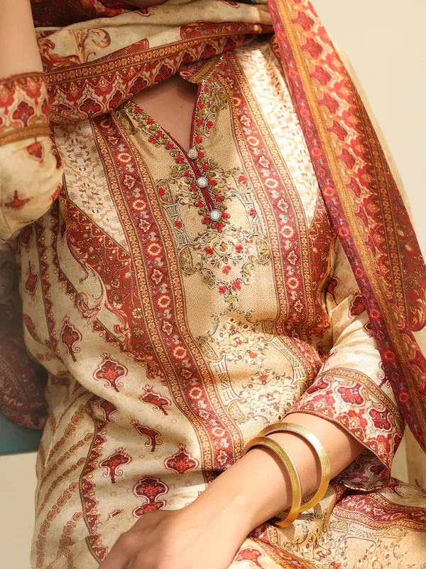 Beige printed dola silk kurti set