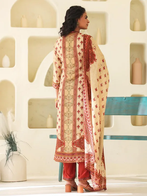 Beige printed dola silk kurti set