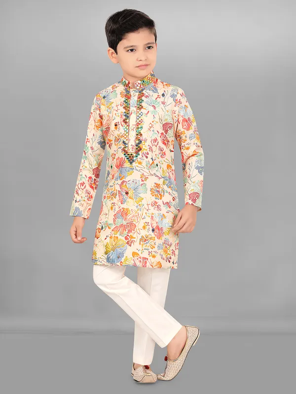Beige printed festival special kurta suit for boys