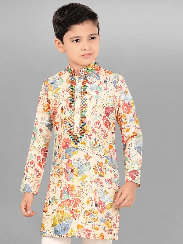 Beige printed festival special kurta suit for boys