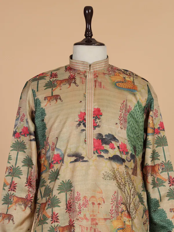 Beige printed festive ready kurta suit for men