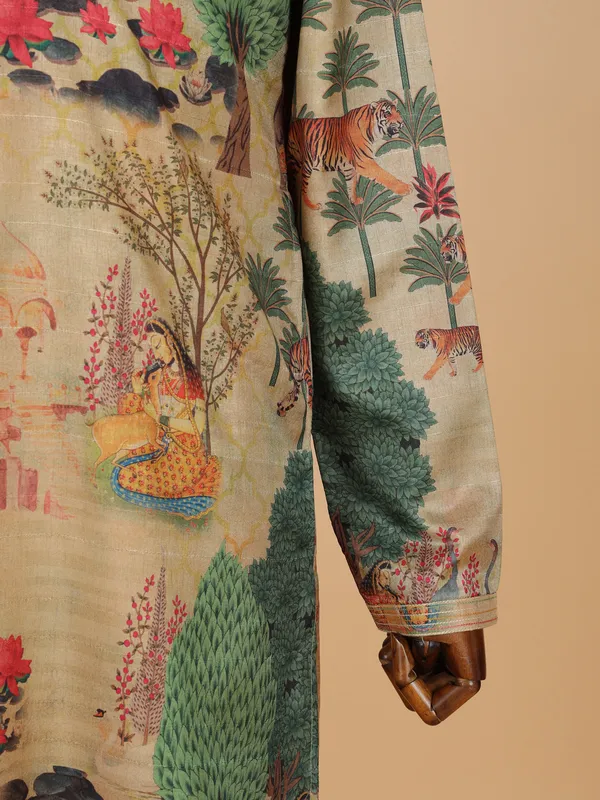 Beige printed festive ready kurta suit for men