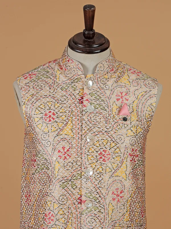 Beige printed festive ready waistcoat for men