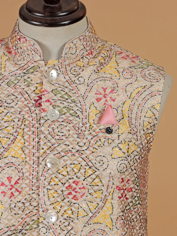 Beige printed festive ready waistcoat for men