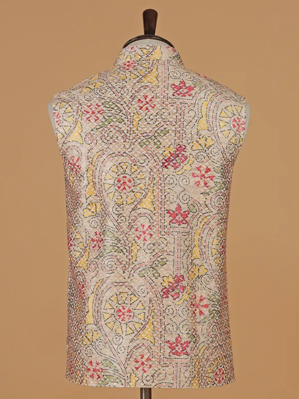 Beige printed festive ready waistcoat for men