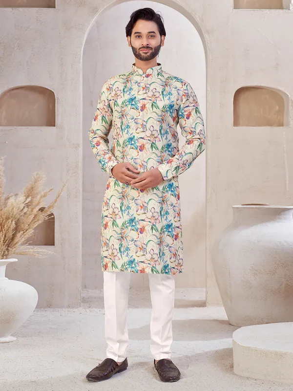 Beige printed festive wear cotton kurta suit