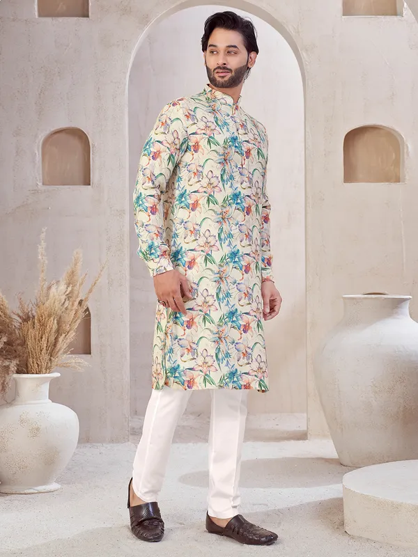 Beige printed festive wear cotton kurta suit