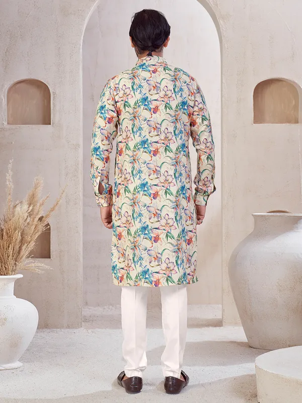 Beige printed festive wear cotton kurta suit