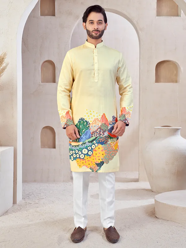 Beige printed festive wear kurta suit in cotton