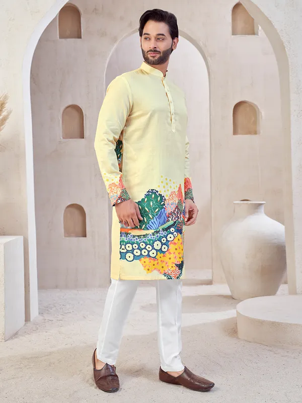 Beige printed festive wear kurta suit in cotton