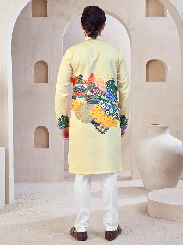 Beige printed festive wear kurta suit in cotton