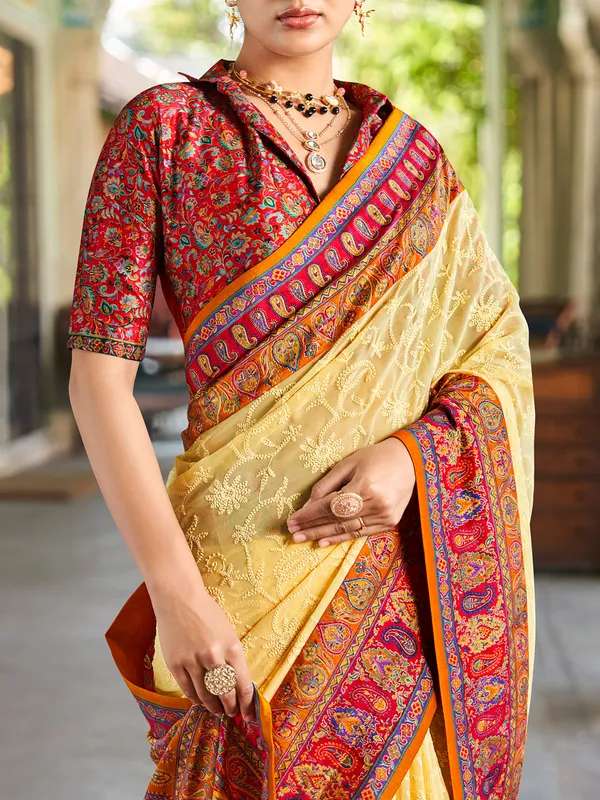 Beige printed georgette thread worked saree