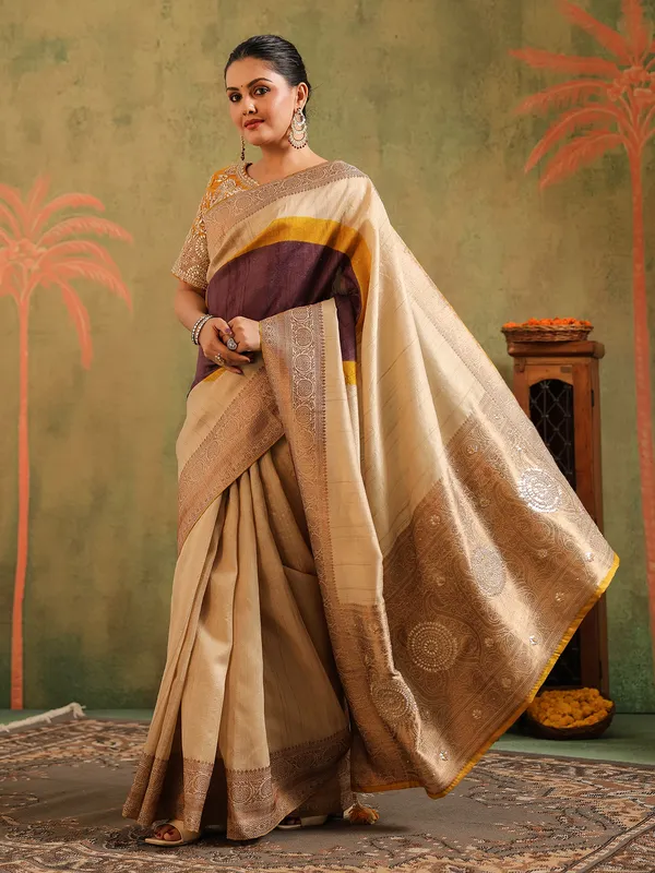 Beige printed gota worked silk saree