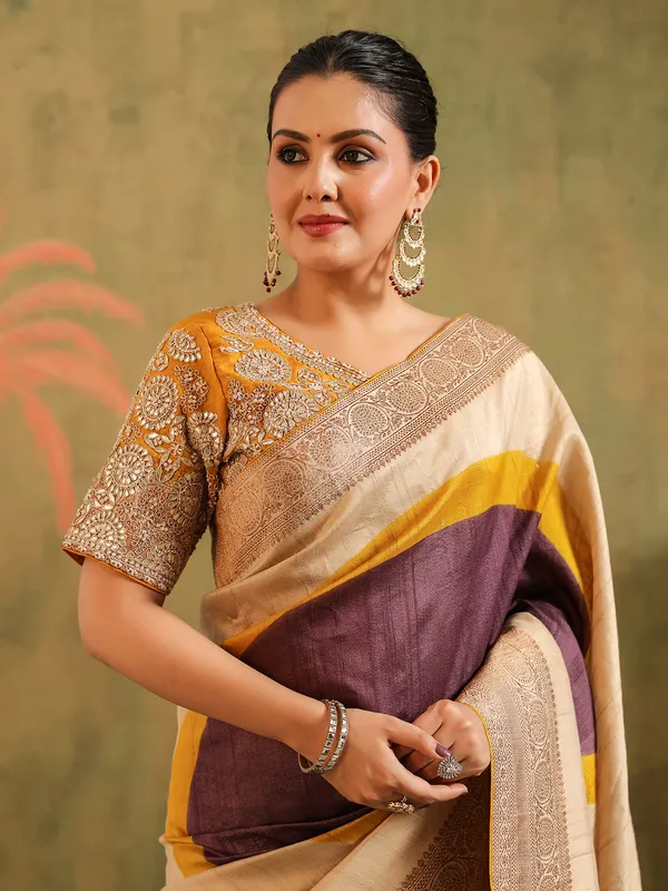 Beige printed gota worked silk saree