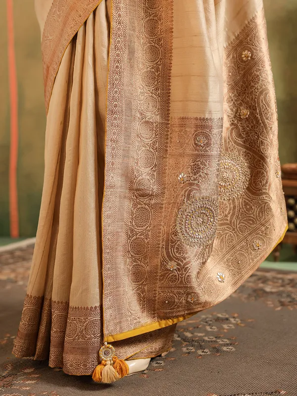 Beige printed gota worked silk saree