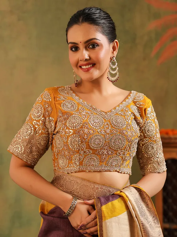 Beige printed gota worked silk saree