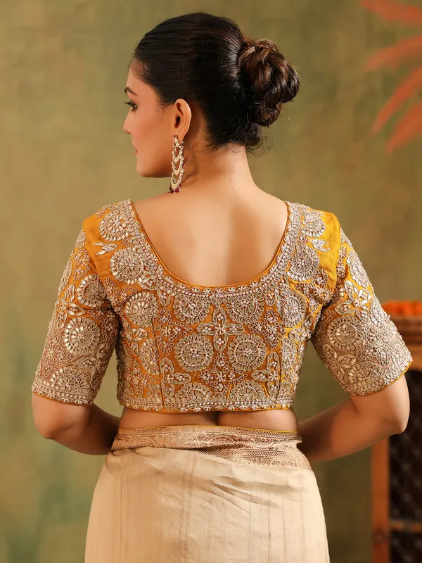 Beige printed gota worked silk saree