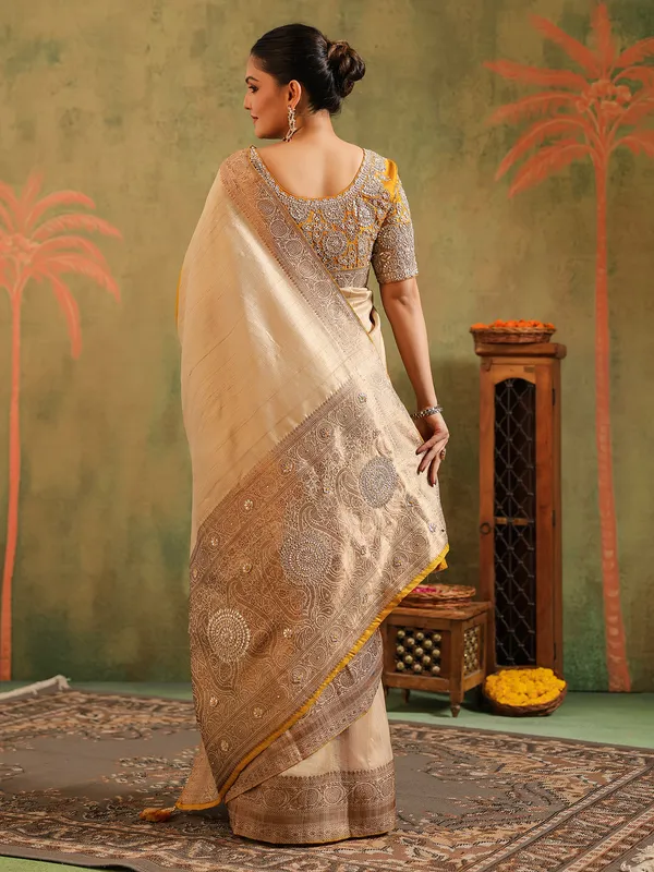 Beige printed gota worked silk saree