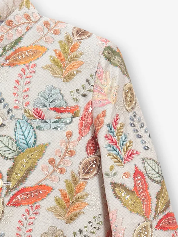 Beige printed indowestern for boys in cotton silk