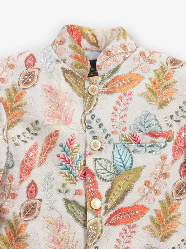 Beige printed indowestern for boys in cotton silk