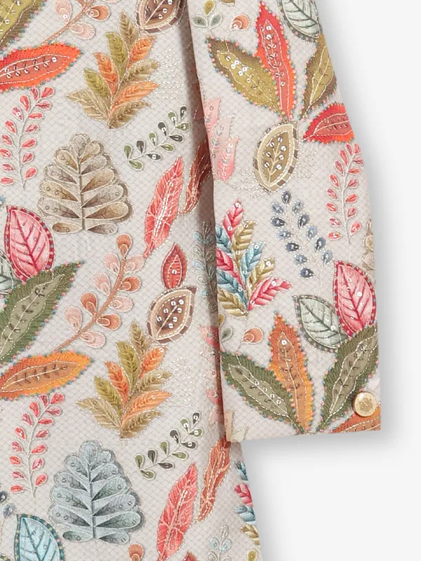 Beige printed indowestern for boys in cotton silk