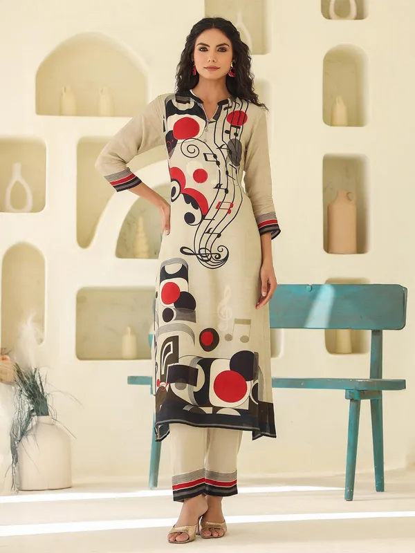 Beige printed kurti set in dola silk