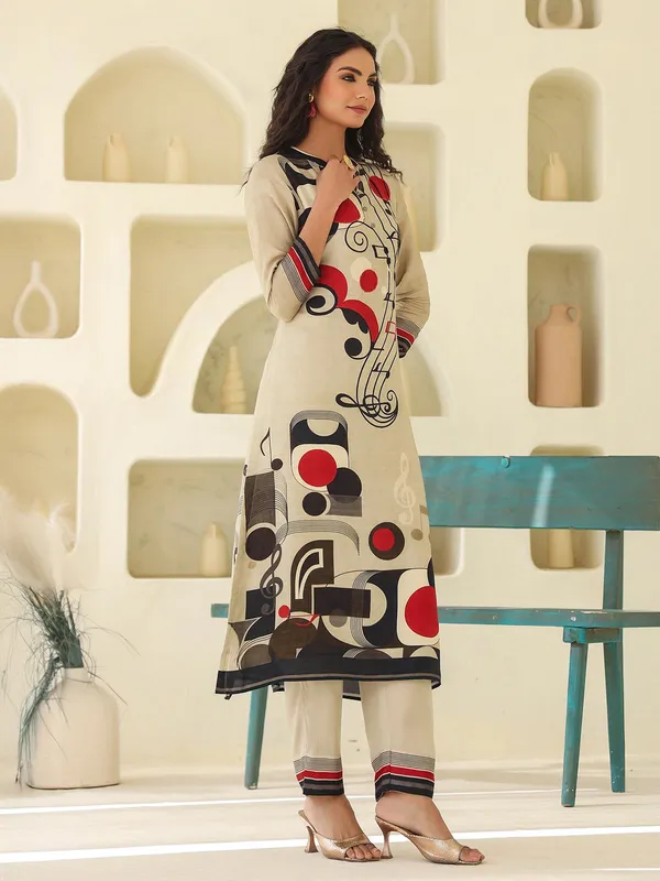 Beige printed kurti set in dola silk
