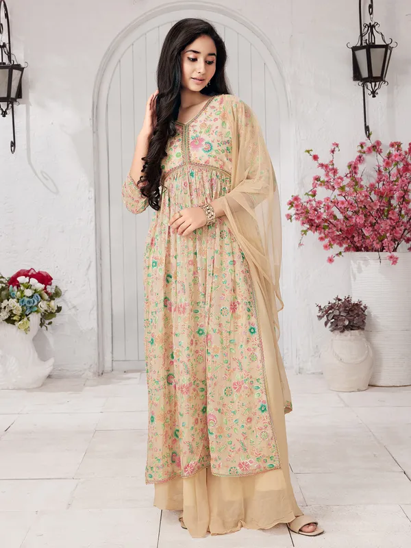 Beige printed palazzo suit with dupatta