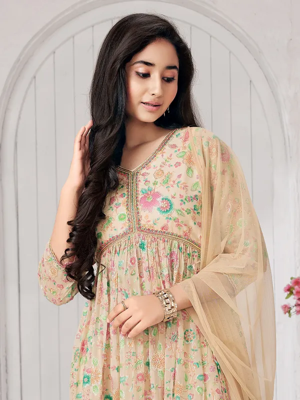 Beige printed palazzo suit with dupatta