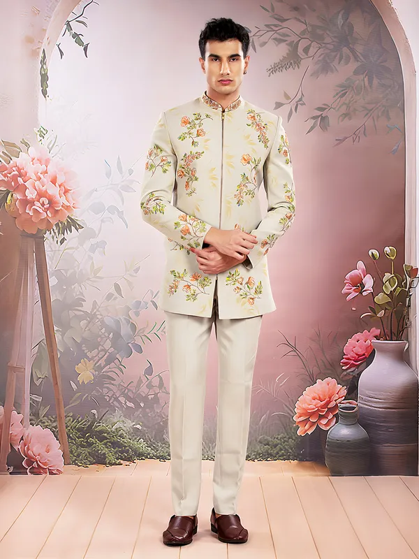 Beige printed polyster jodhpuri suit for men