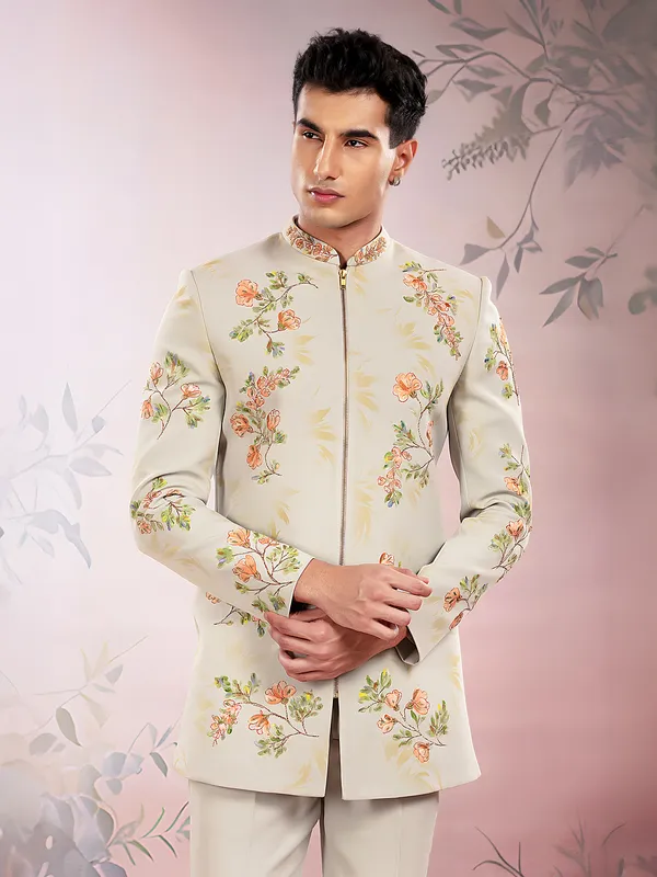 Beige printed polyster jodhpuri suit for men