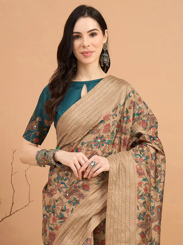 Beige printed saree in cozi silk
